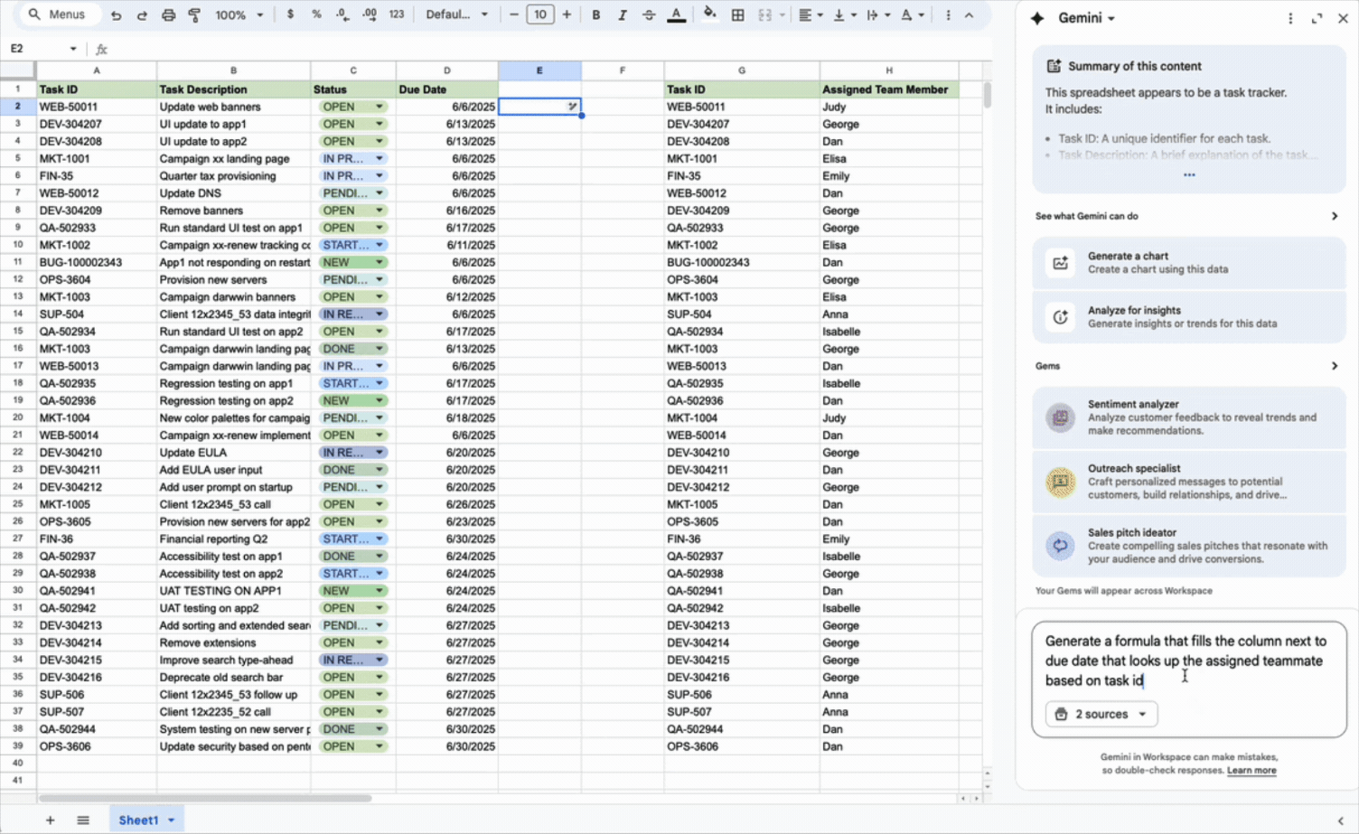 Prompt: “Generate a formula that fills the column next to due date that looks up the assigned teammate based on task id” Gemini in Google Sheets