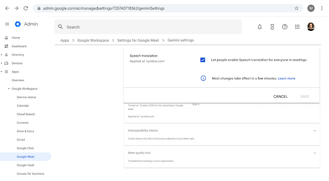 Speech translation admin setting Speech translation admin setting with box checked to let users enable Speech translation