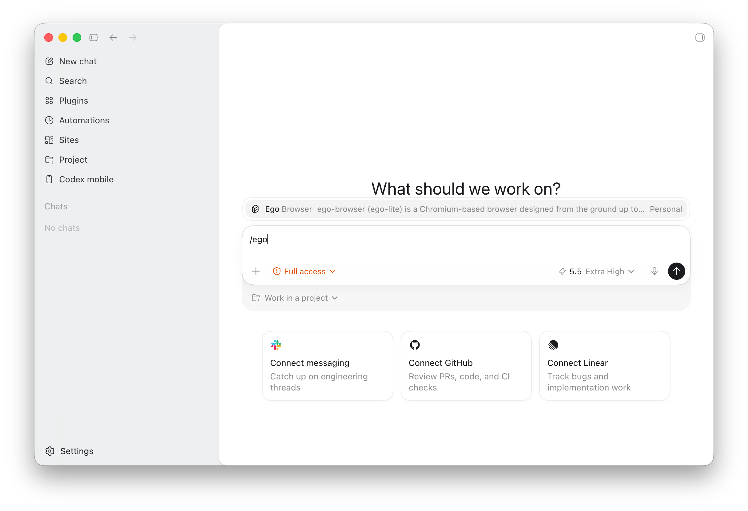 Geben Sie /ego in Codex ein, um die Skill-Auswahl für ego-browser aufzurufen