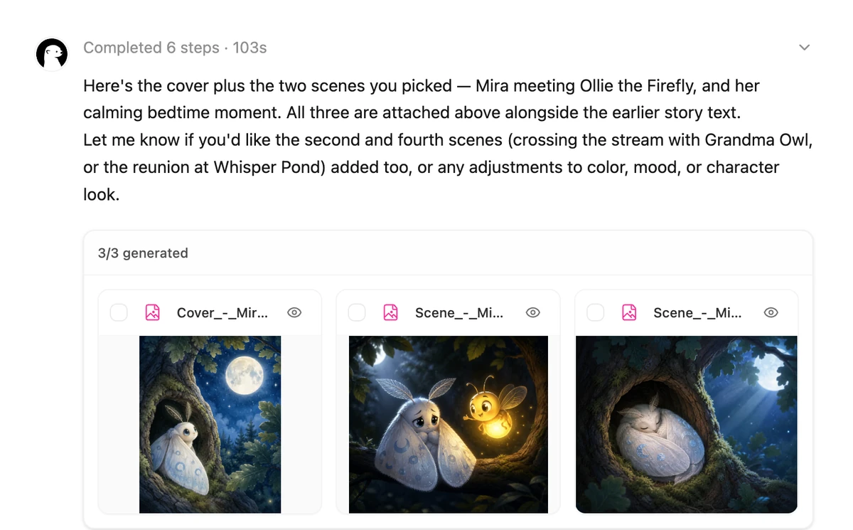 Ottermind gerando uma capa e duas cenas selecionadas de livro ilustrado para Mira and the Whispering Moon após a revisão da história
