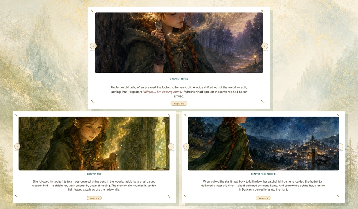 Três páginas de história ilustradas completas mostrando estilo de personagem, arte e texto de página consistentes em cenas diferentes