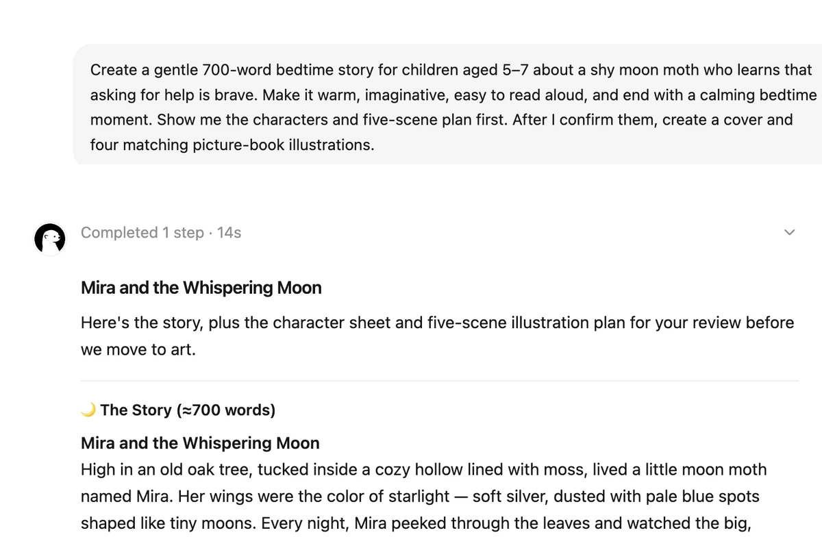 Ottermind gerando a história para dormir Mira and the Whispering Moon a partir de um prompt em linguagem natural, com uma ficha de personagem e um plano de cinco cenas