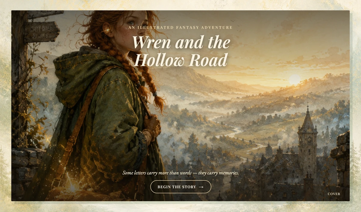 Capa finalizada de história de fantasia ilustrada de Wren and the Hollow Road exibida sobre um fundo editorial claro de fantasia