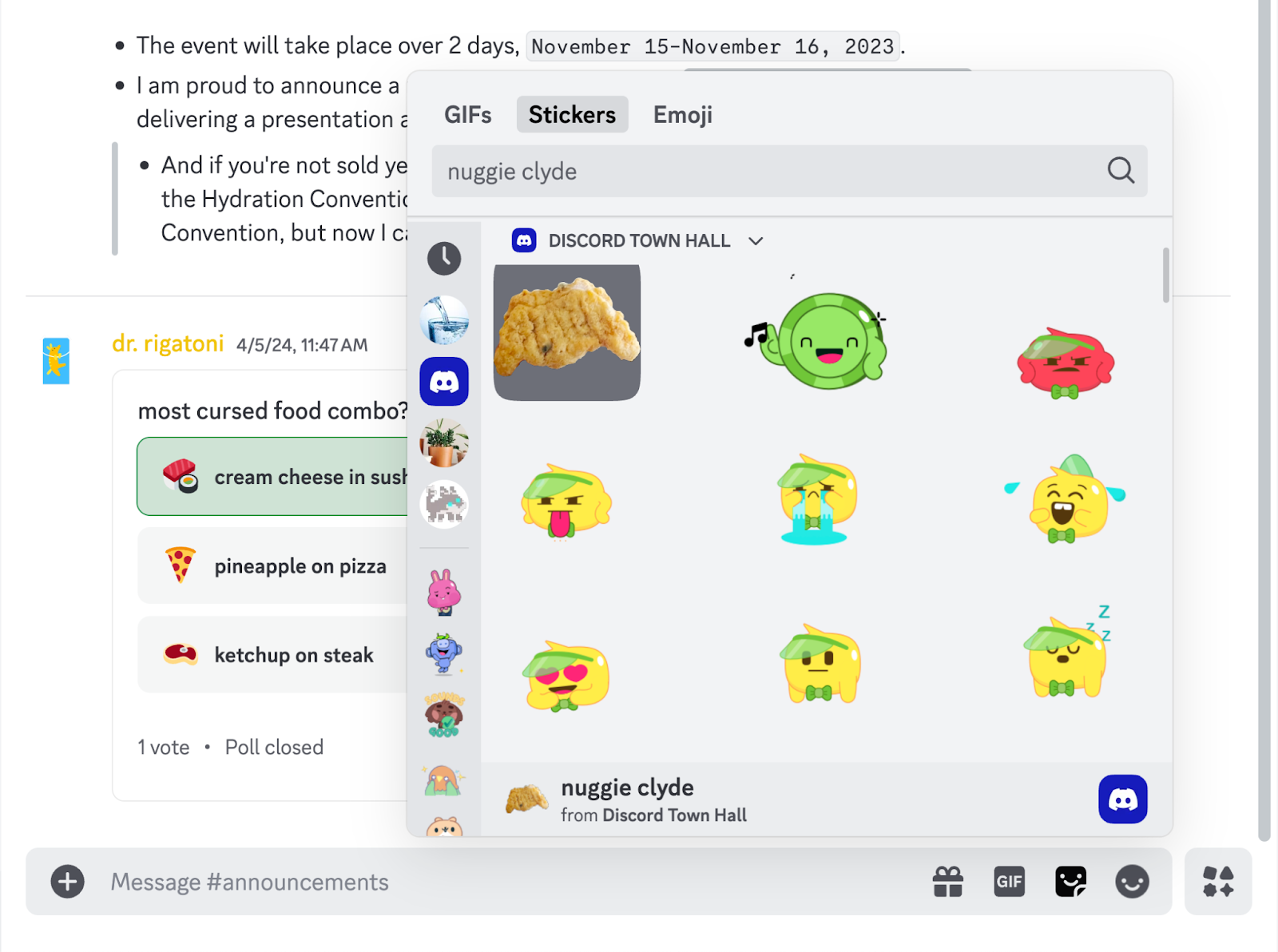 The menu for selecting stickers in Discord.