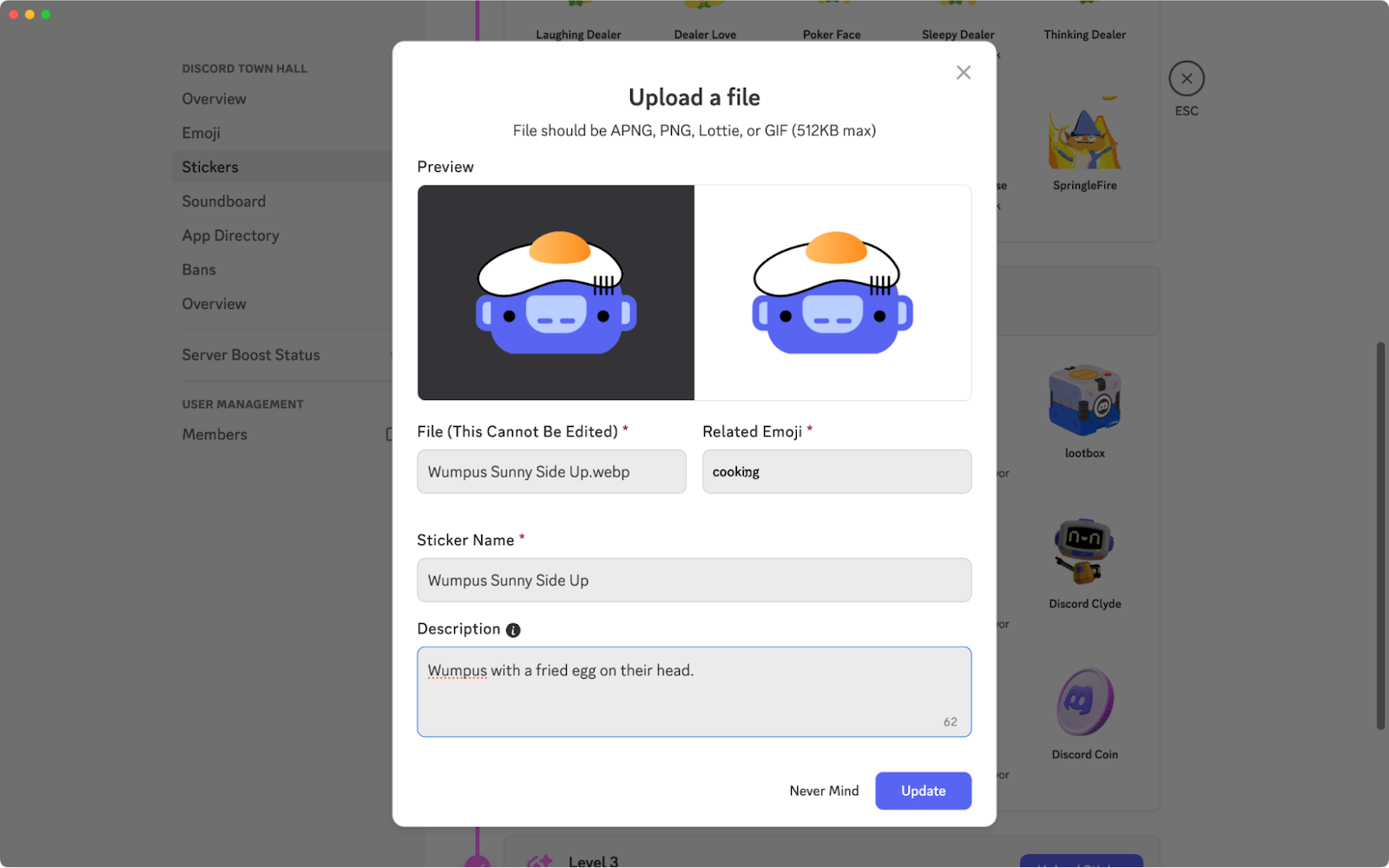 Editing a sticker in Discord Server Settings.