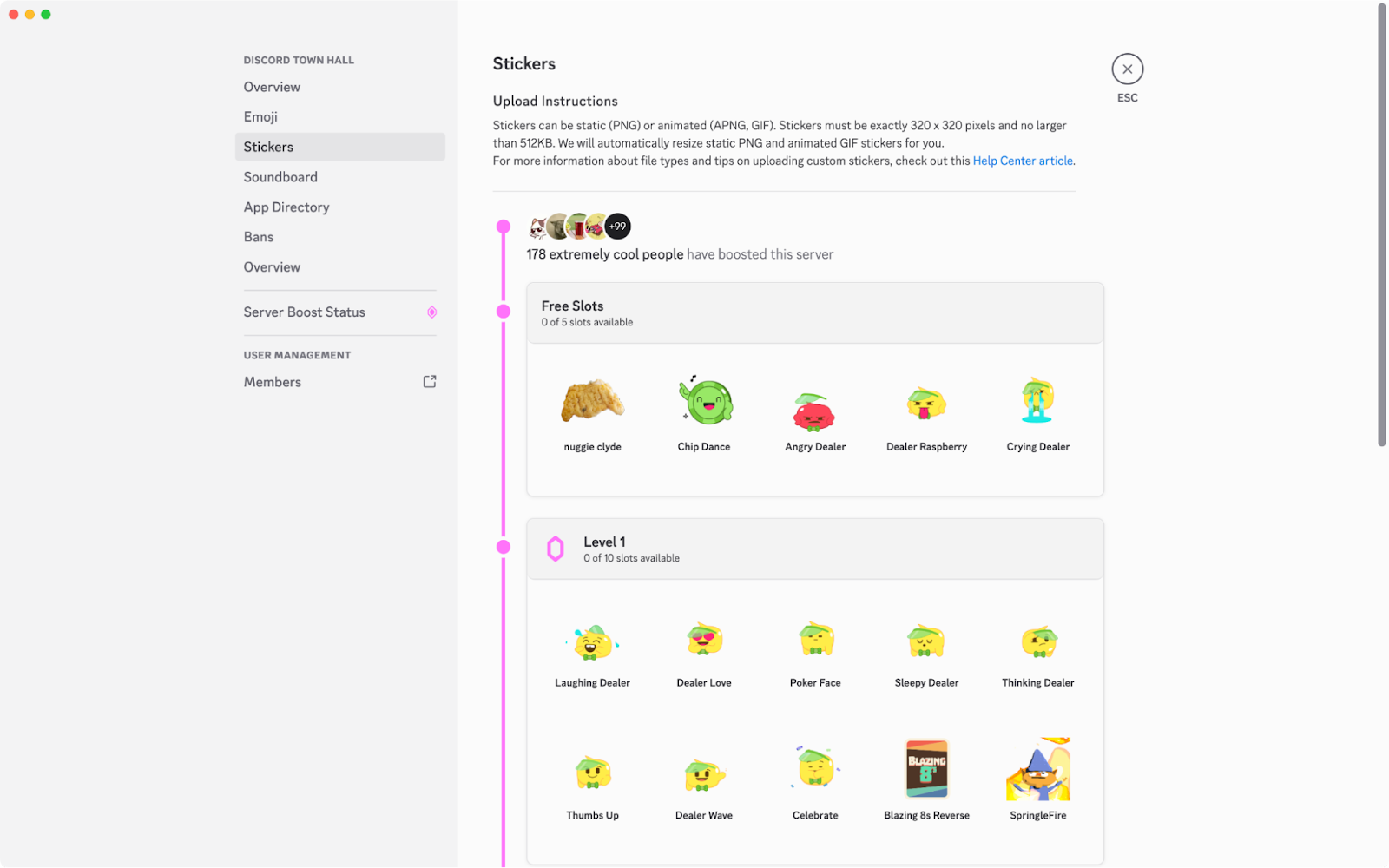 The Stickers menu in Server Settings.