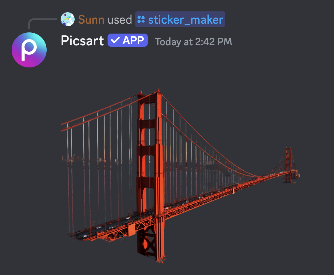 The Picsart app for Discord creating a sticker by removing the background of an image.