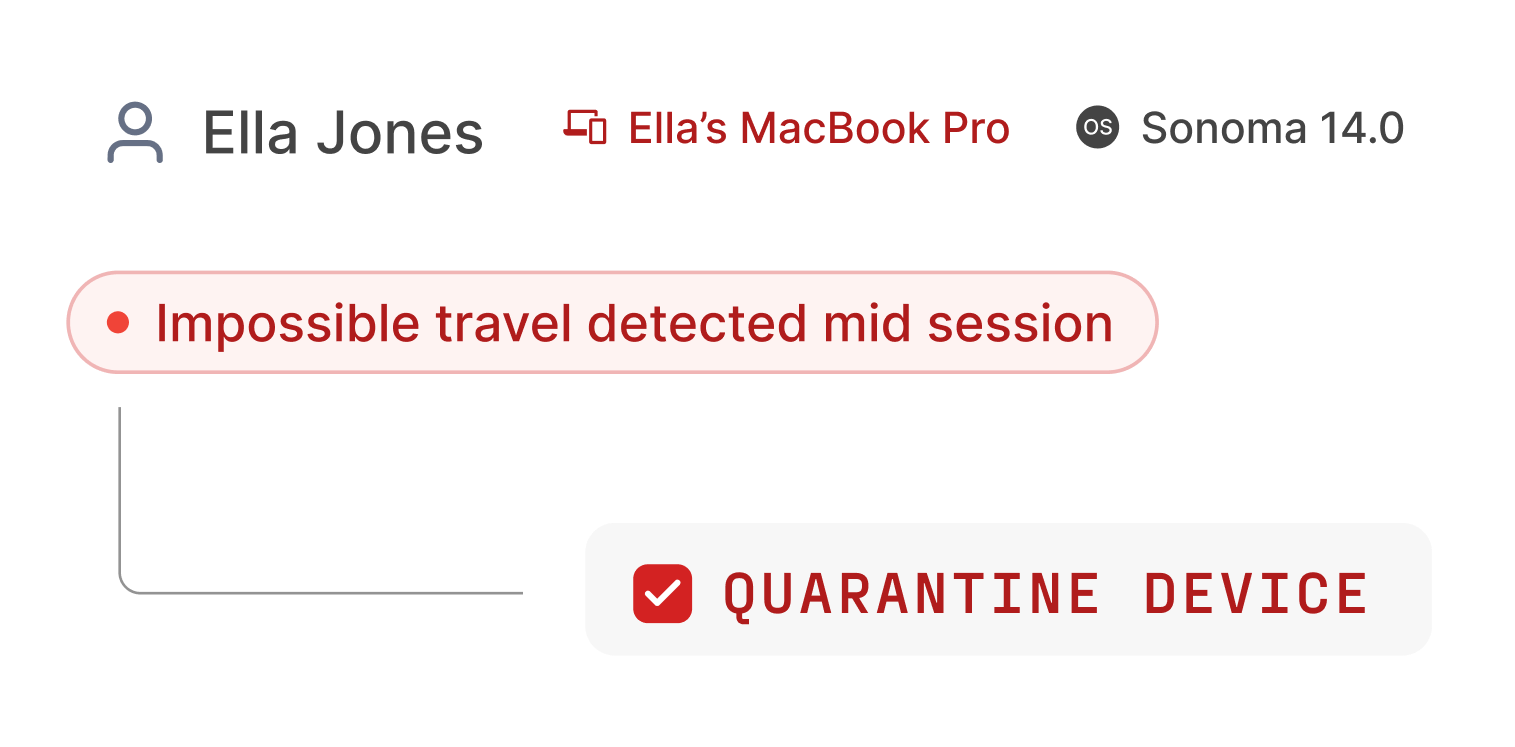 A digital security alert showing a user named Ella Jones, with her MacBook Pro, indicating 'Impossible travel detected mid session' and an option to 'Quarantine Device' suggesting measures for Identity Defense using MFA and TPM.