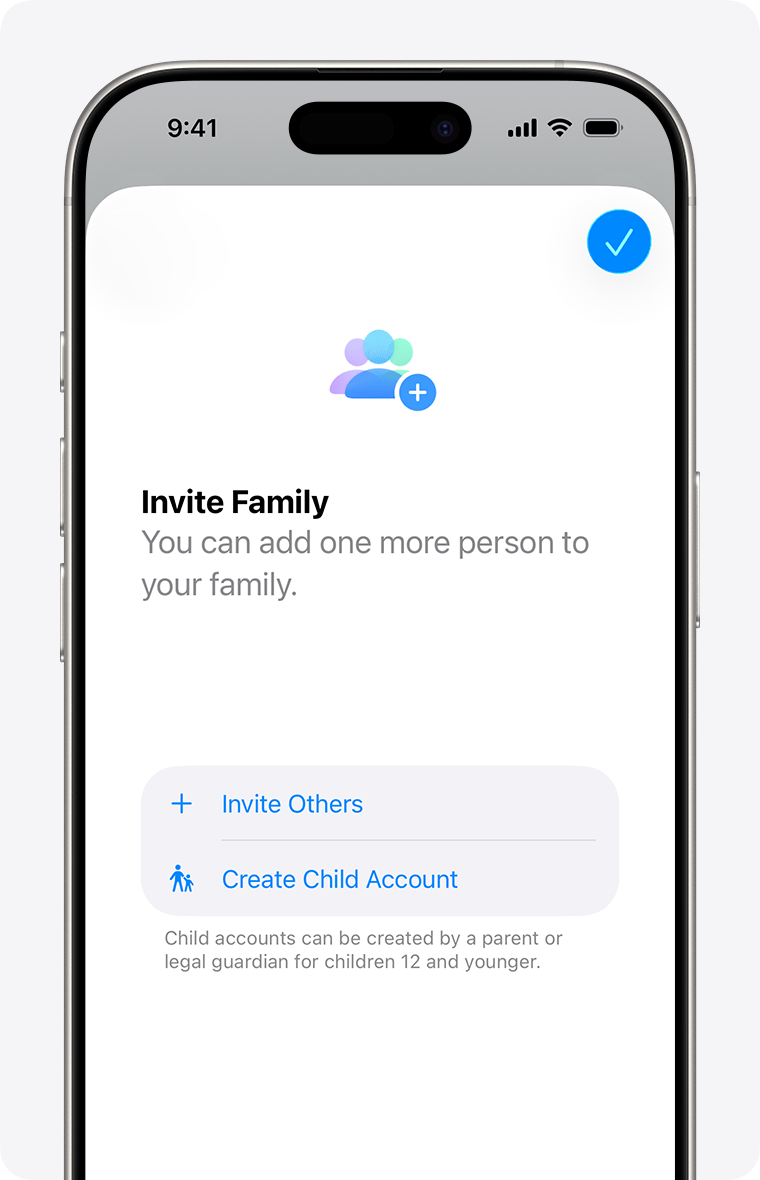 iPhone showing a Family Sharing invitation, including the option to Create Child Account.