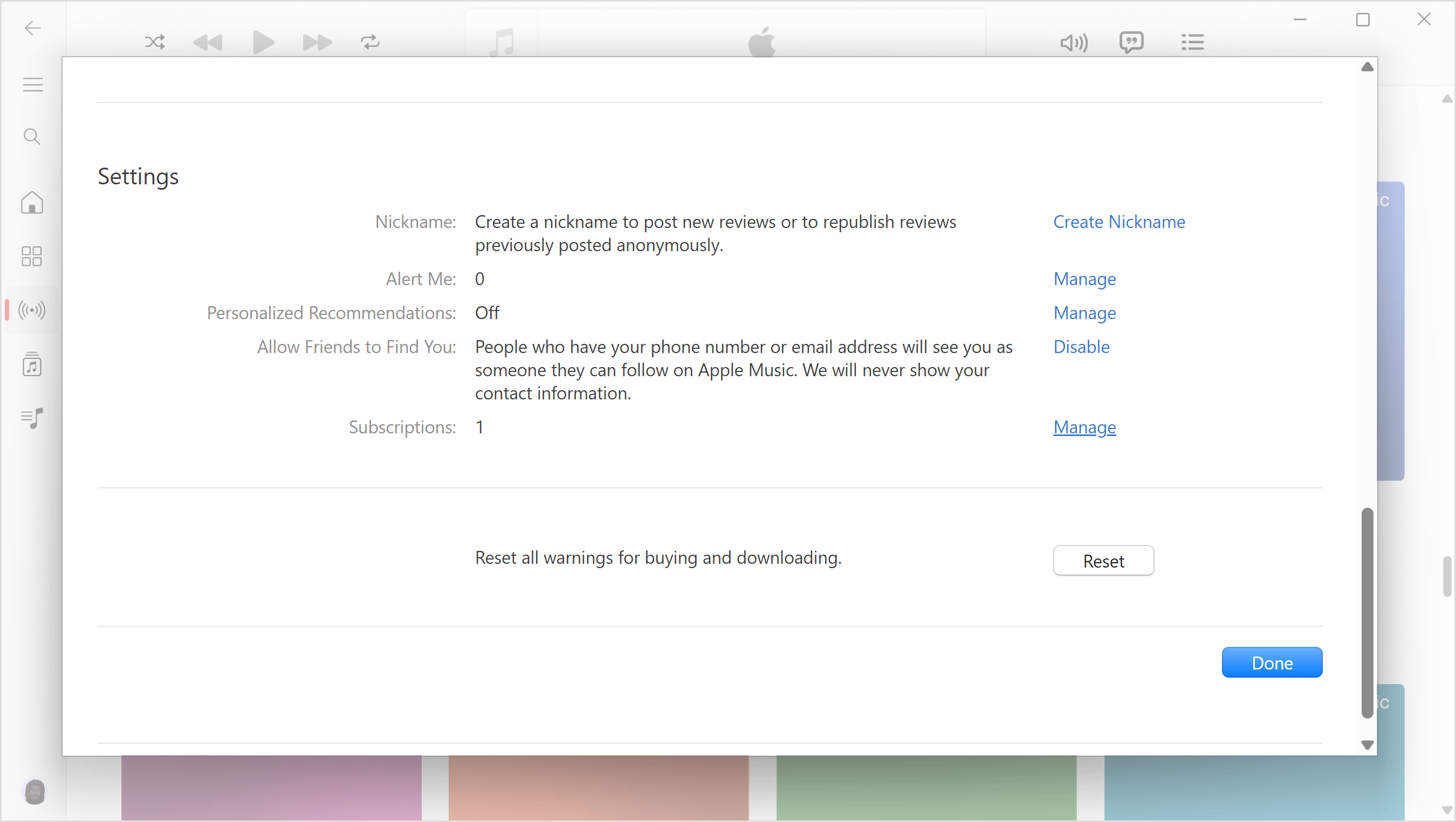 Apple’i konto sätted Windowsi jaoks mõeldud Apple Musicu rakenduses.