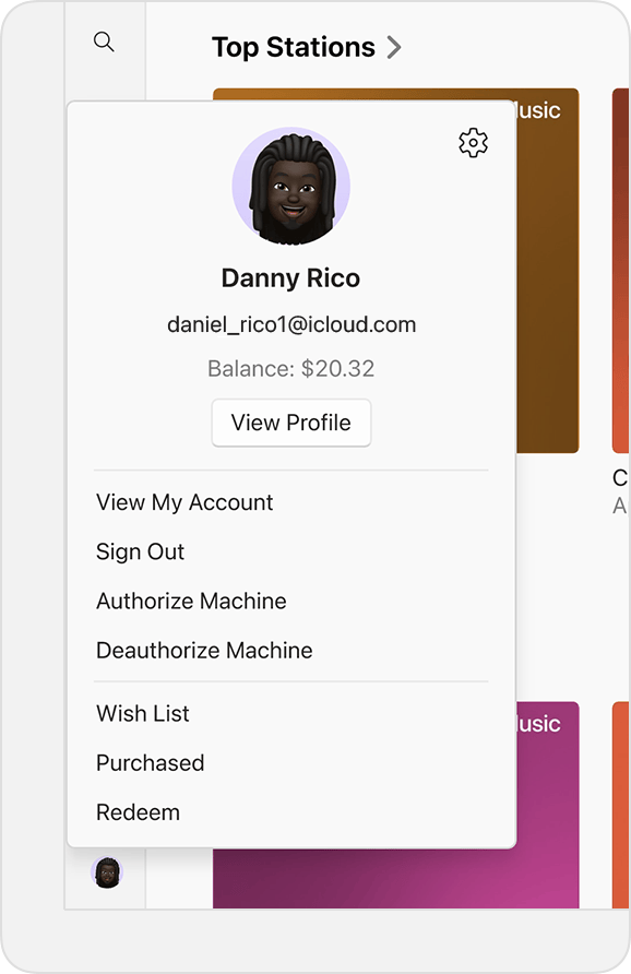Menüü Account (Konto) Windowsi jaoks mõeldud Apple Musicu rakenduses.