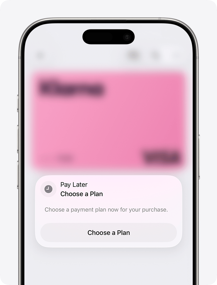 Boutons « Paiement en totalité » et « Payer plus tard » sur une carte éligible lors du paiement en magasin avec Apple Pay.