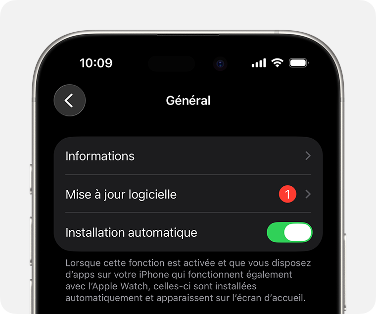 L’écran de l’iPhone affiche l’écran Mise à jour du logiciel de l’app Apple Watch avec une pastille de notification.