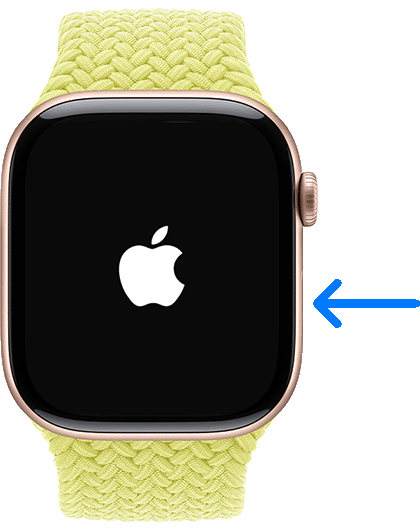 Apple Watch som slås på, med plasseringen av sideknappen vist