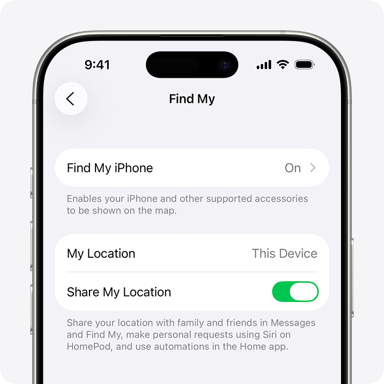 An iPhone screen showing Find My settings. Find My iPhone and Share My Location are turned on.