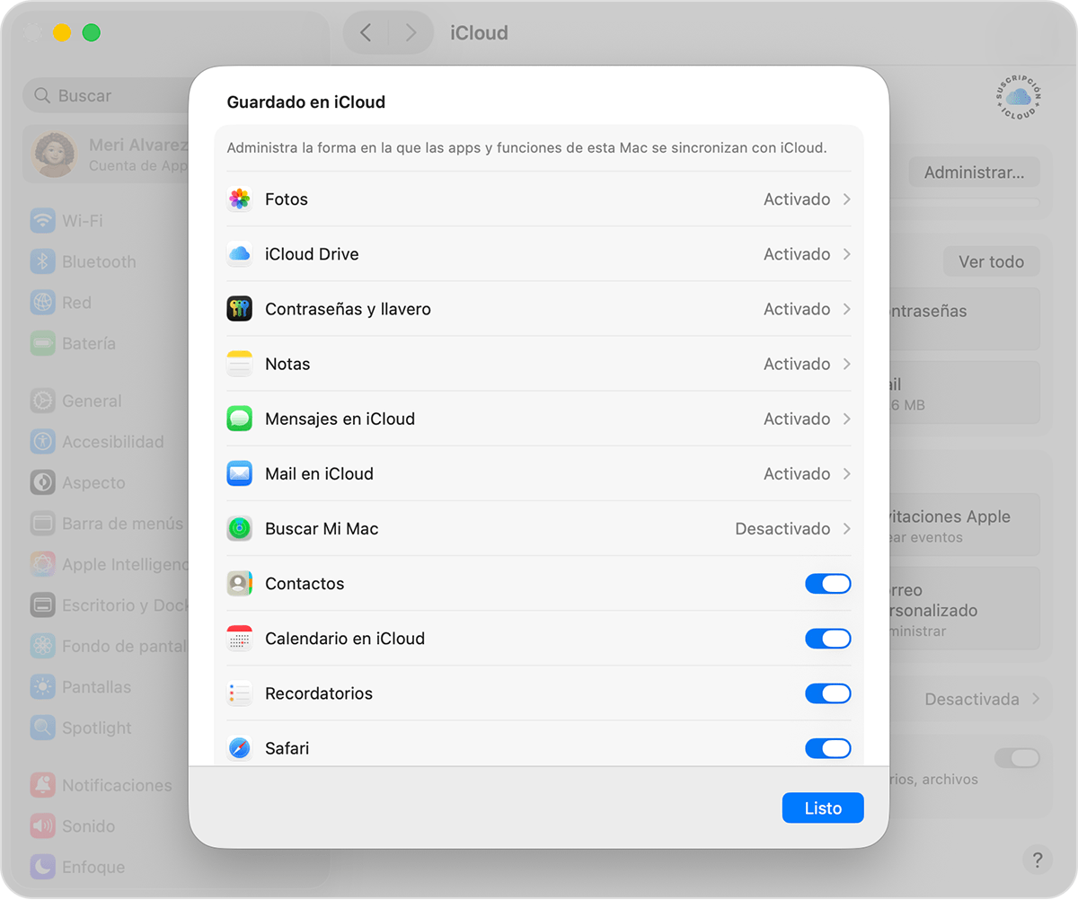 Pantalla de macOS en la que se muestra el menú Guardado en iCloud. Buscar mi Mac está desactivado actualmente.