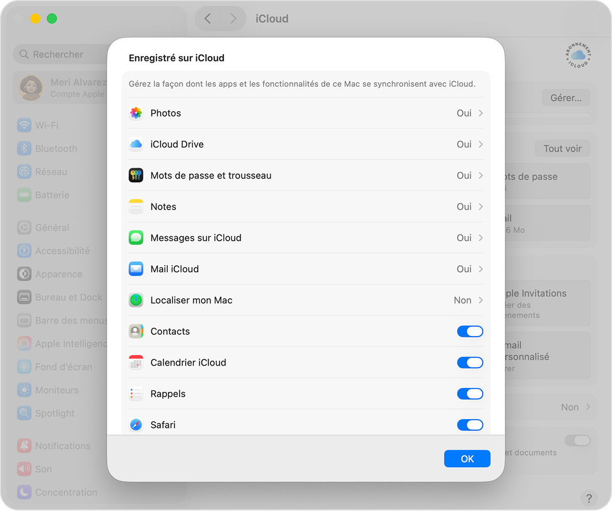 Écran de macOS affichant le menu Enregistré sur iCloud. L’option Localiser mon Mac est désactivée.