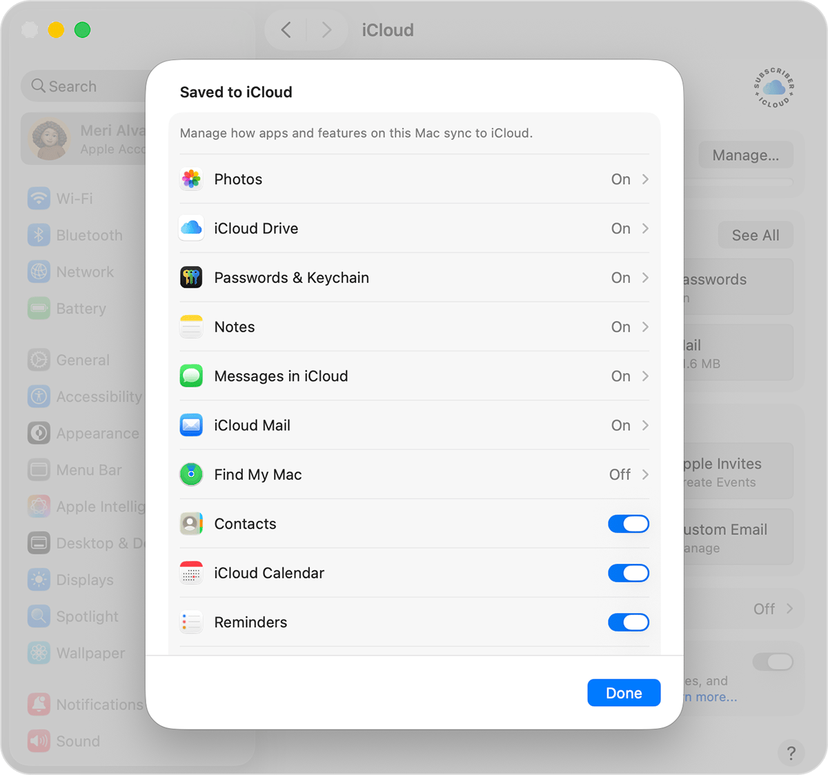 macOS screen showing the Saved to iCloud menu. Find My Mac is currently turned off.