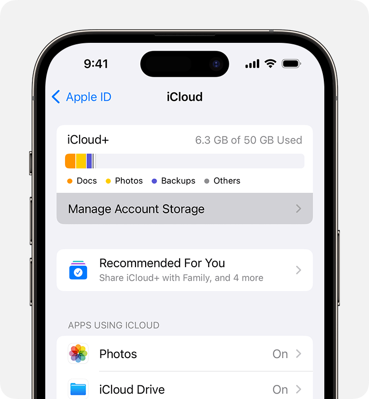 iPhone screen showing the steps to Manage Account Storage.
