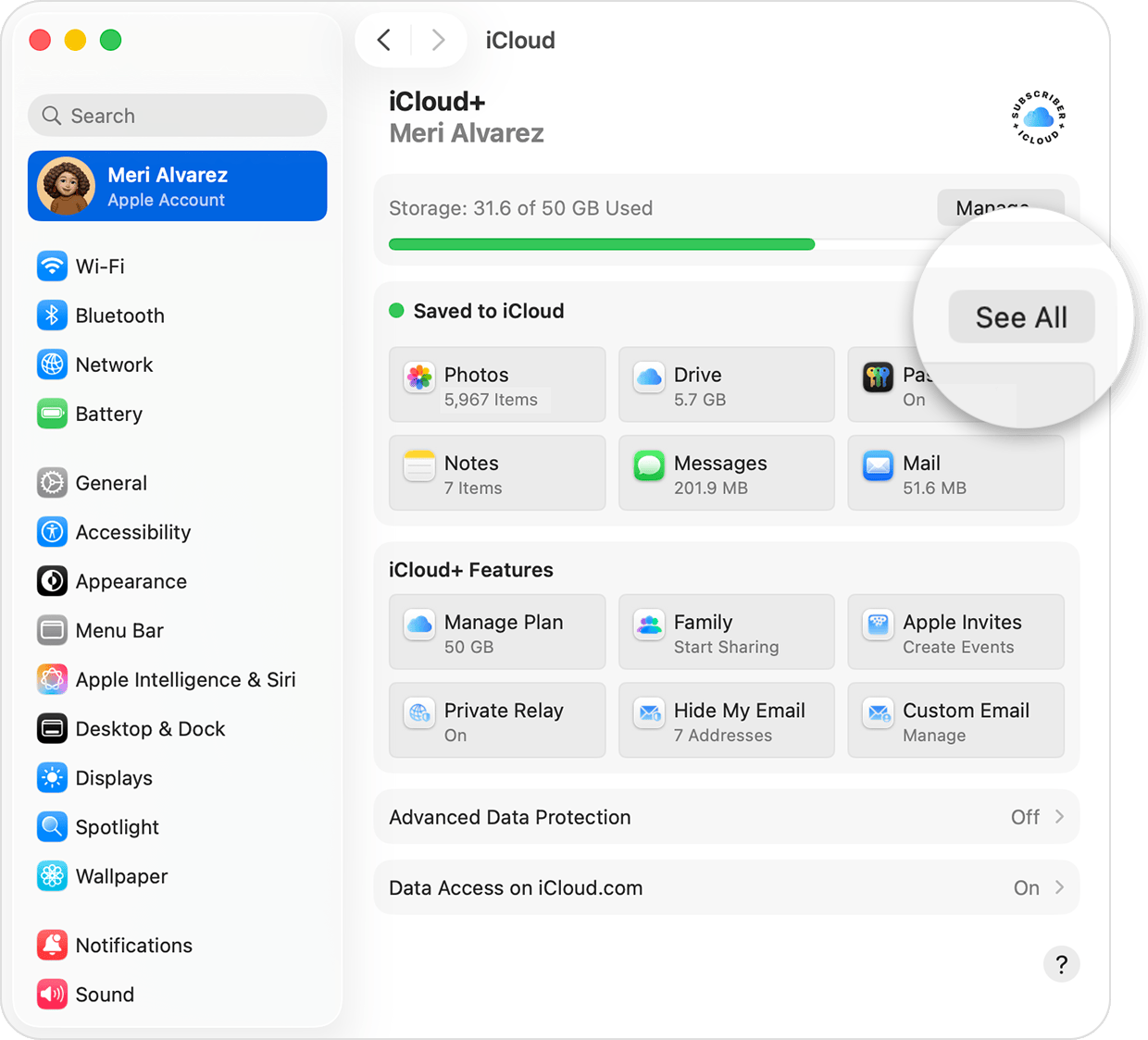 macOS screen showing iCloud+ settings. See All in the upper right is emphasized.