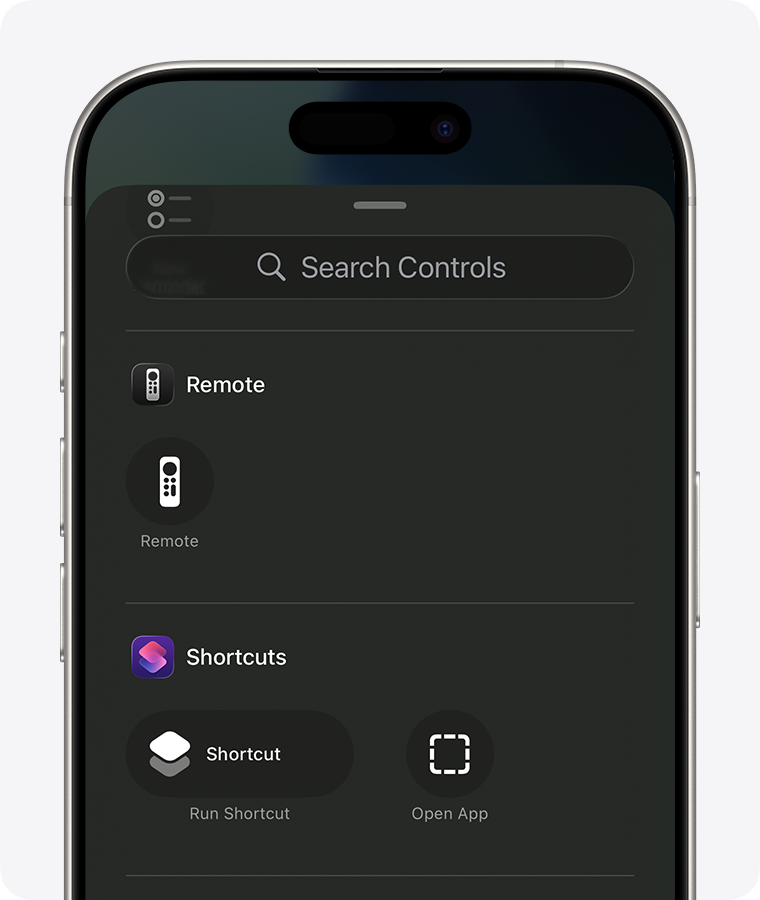 The Apple TV Remote appears on the Search Controls screen in Control Center in iPhone