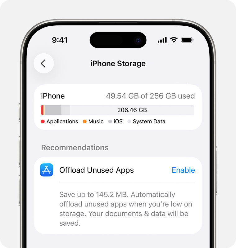 Offload Unused Apps recommendation in iPhone Storage settings.