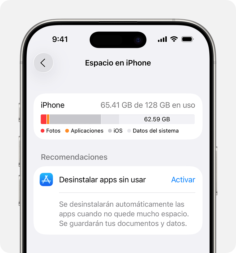 Recomendación para desinstalar apps sin usar en la configuración de almacenamiento del iPhone.