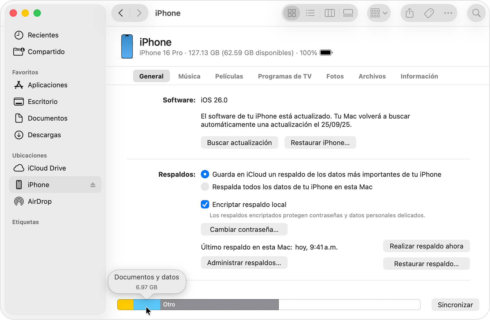 Cursor sobre una categoría de almacenamiento en el Finder.