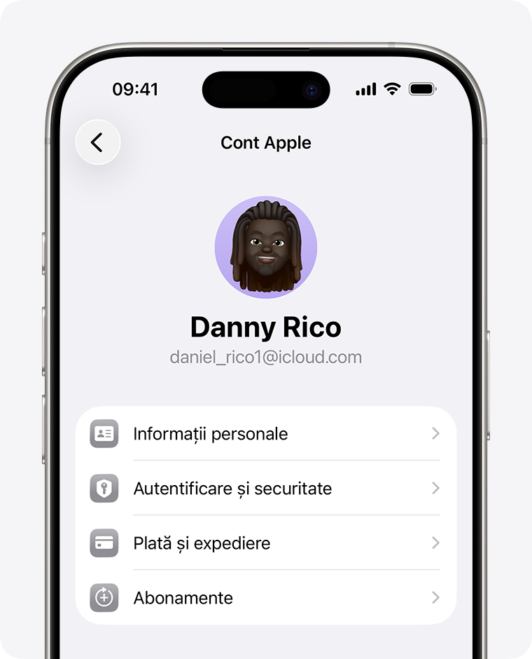Configurările contului Apple din aplicația Configurări de pe iPhone, cu opțiunea Abonamente vizibilă.