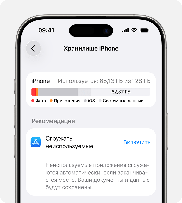 Рекомендация «Сгружать неиспользуемые приложения» в настройках хранилища iPhone.