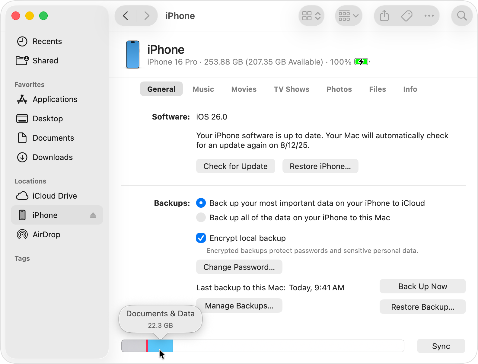 Cursor hovering over a storage category in the Finder.