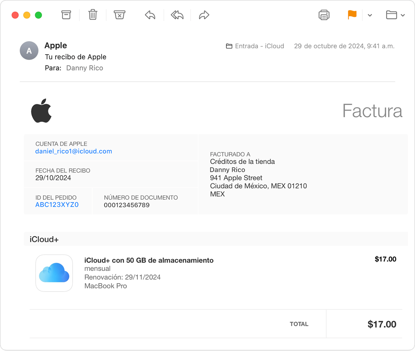 Un correo electrónico con un recibo de una compra de suscripción Apple One.