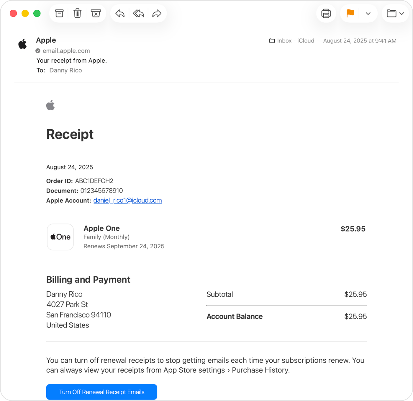 Receipt email for an Apple One subscription purchase.