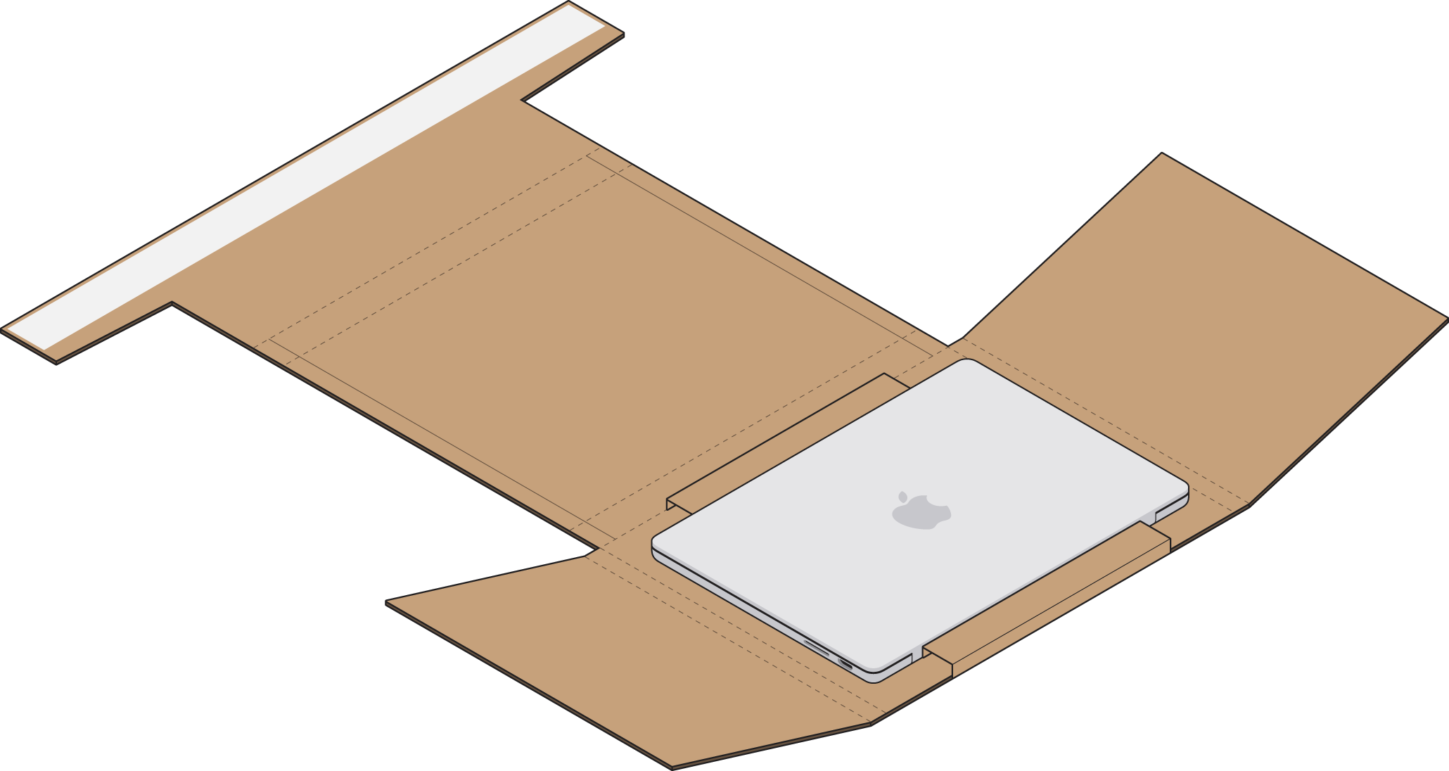 MacBook colocado numa caixa de cartão desdobrada