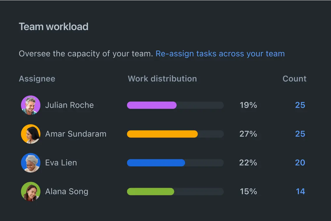 Immagine che mostra i carichi di lavoro dei membri del team.