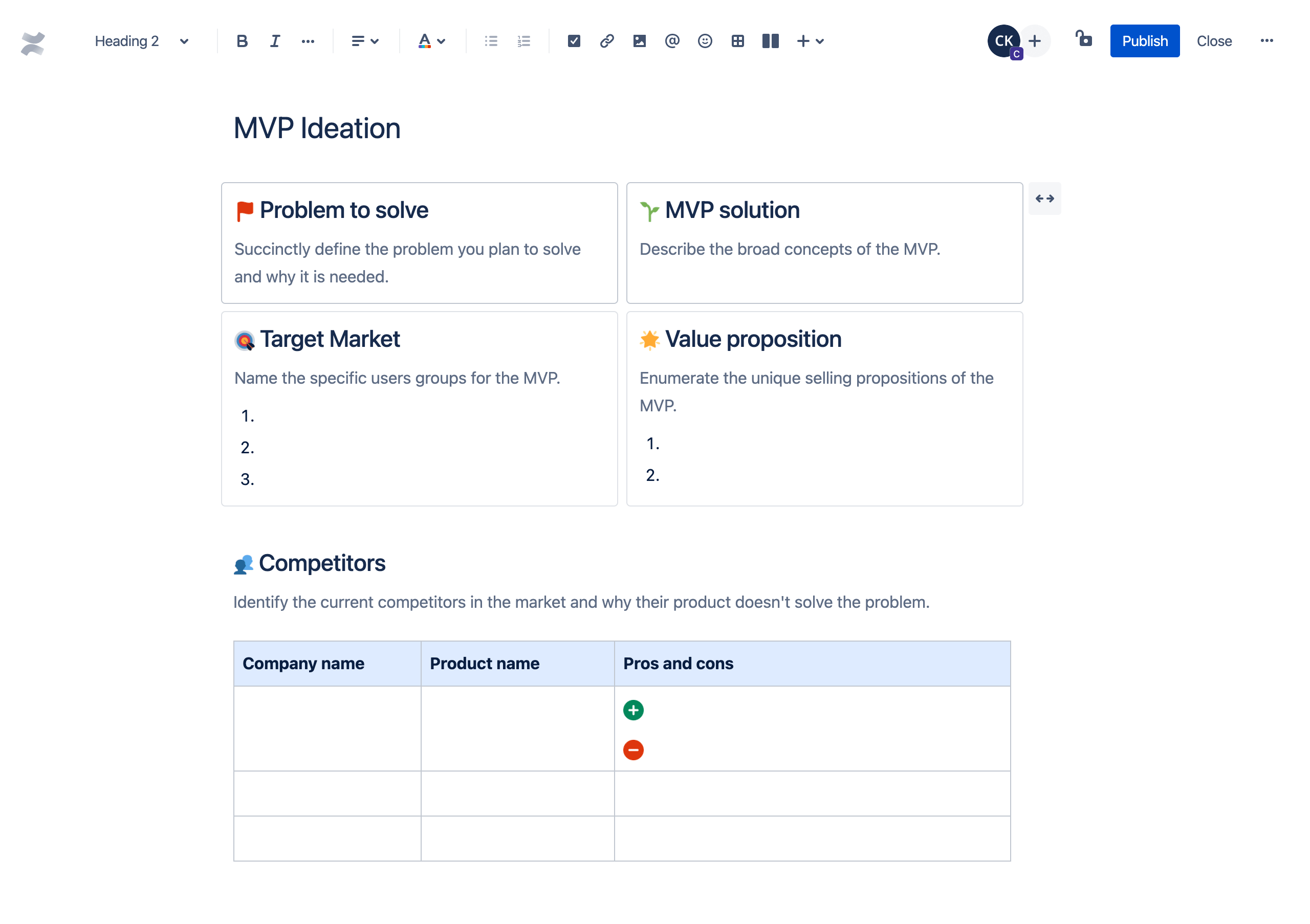 Beispiel für MVP-Ideenfindungsvorlage für Confluence