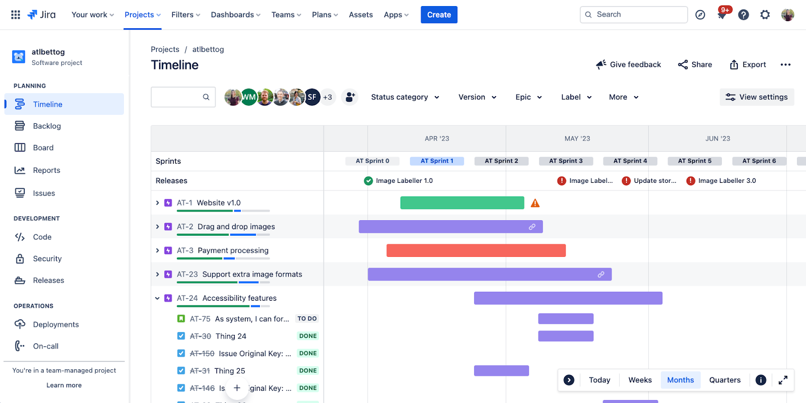 Screenshot van de agile-roadmap van Jira.