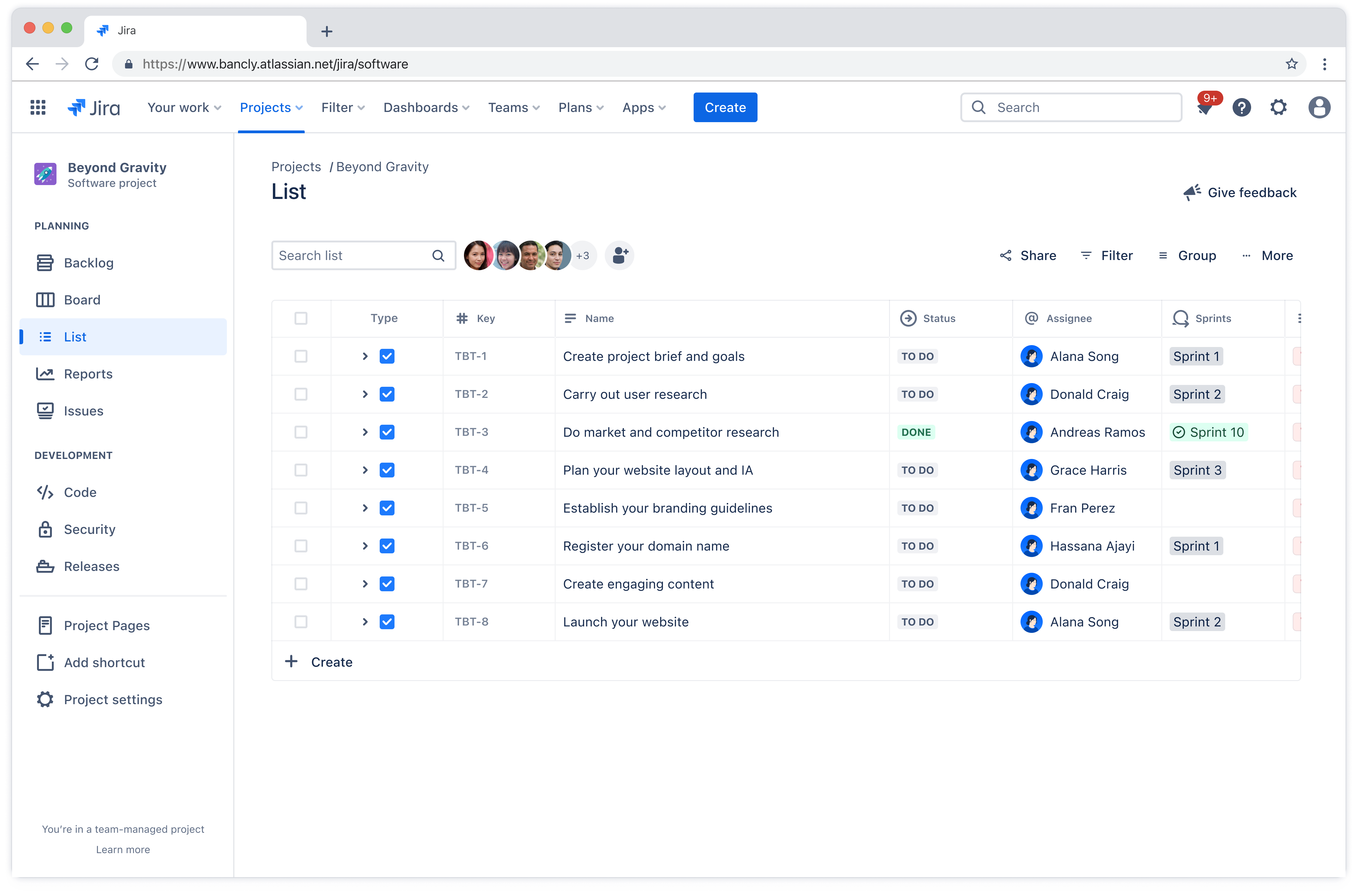 Screenshot della visualizzazione elenco di Jira