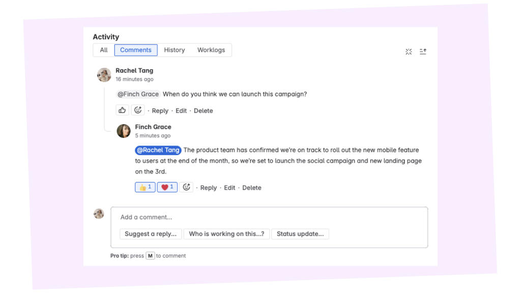 Funzionalità Commenti e attività di Jira
