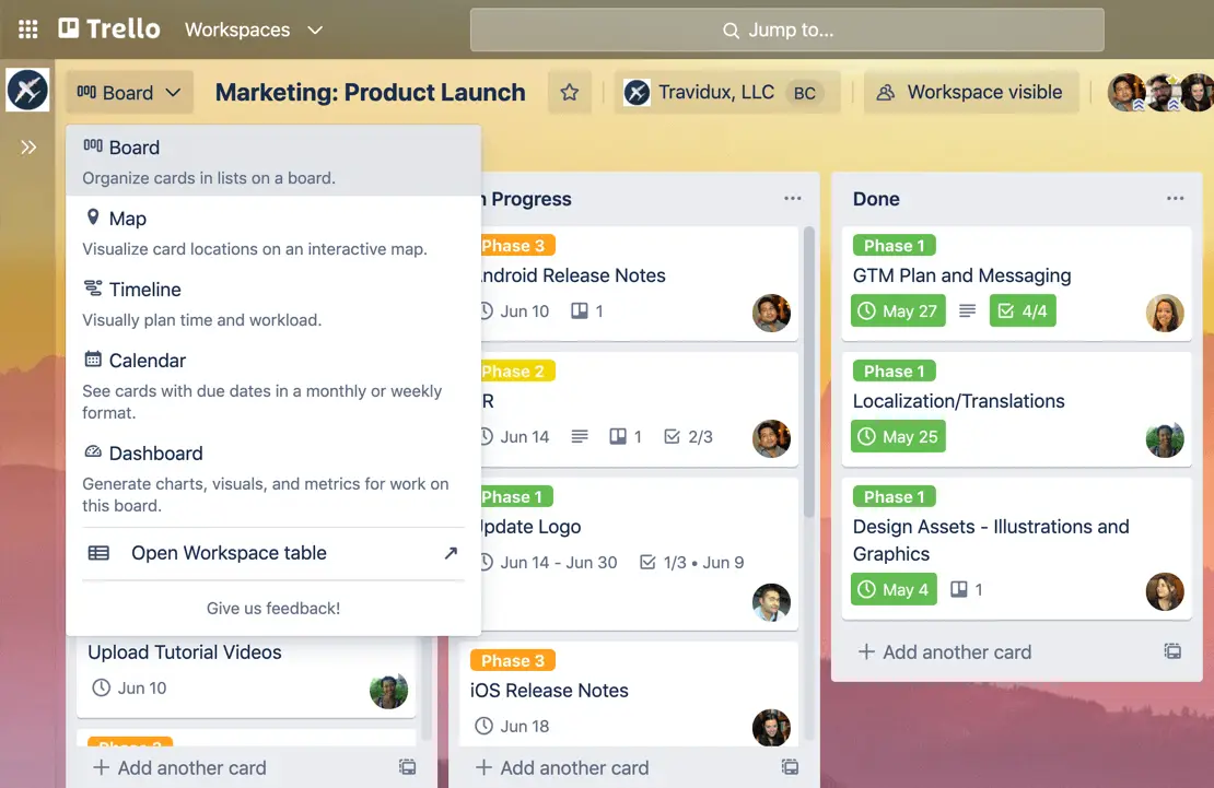 Screenshot delle schede nella bacheca di Trello