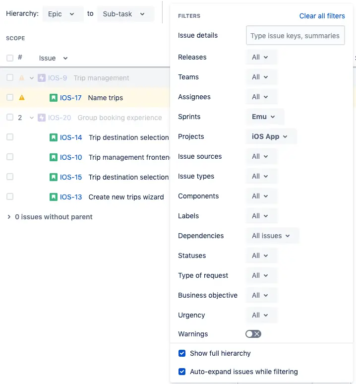 Screenshot der Filteroptionen in Jira