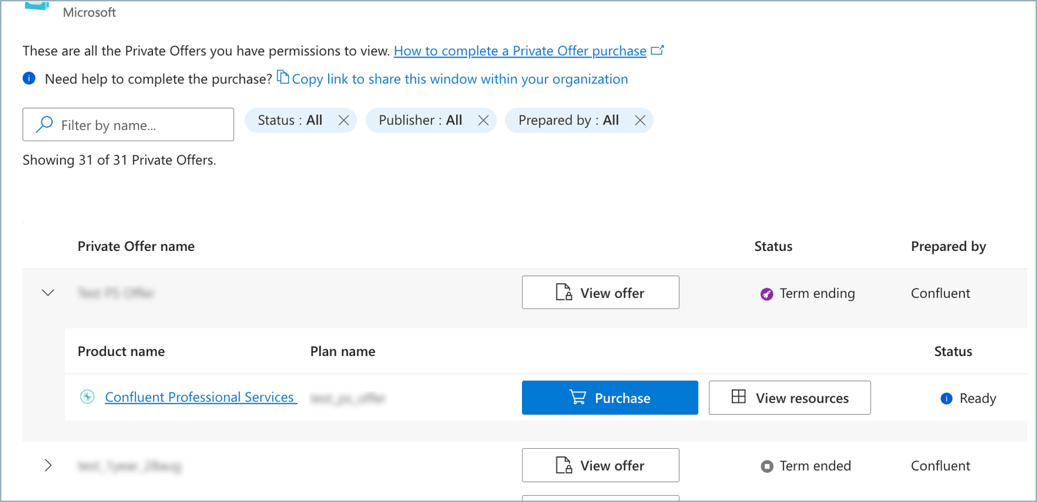 Azure Marketplace Private Offer Management page with the Purchase button.
