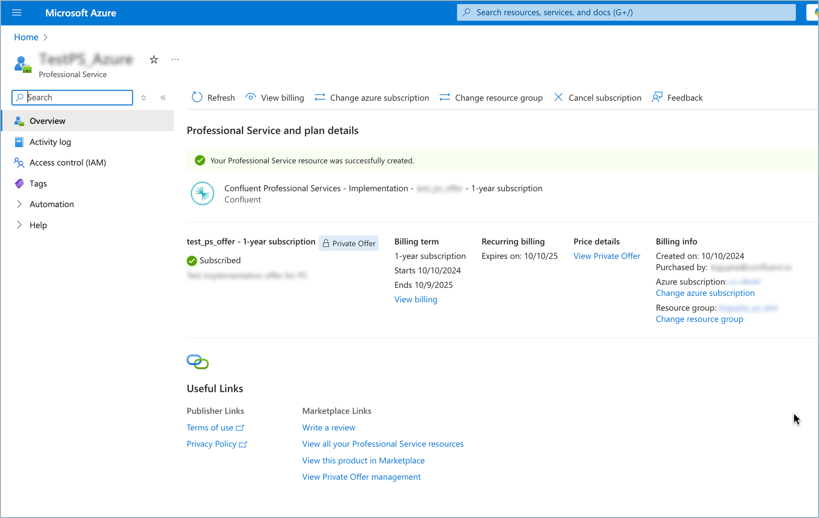 Azure Marketplace deployment success page confirming the purchase.