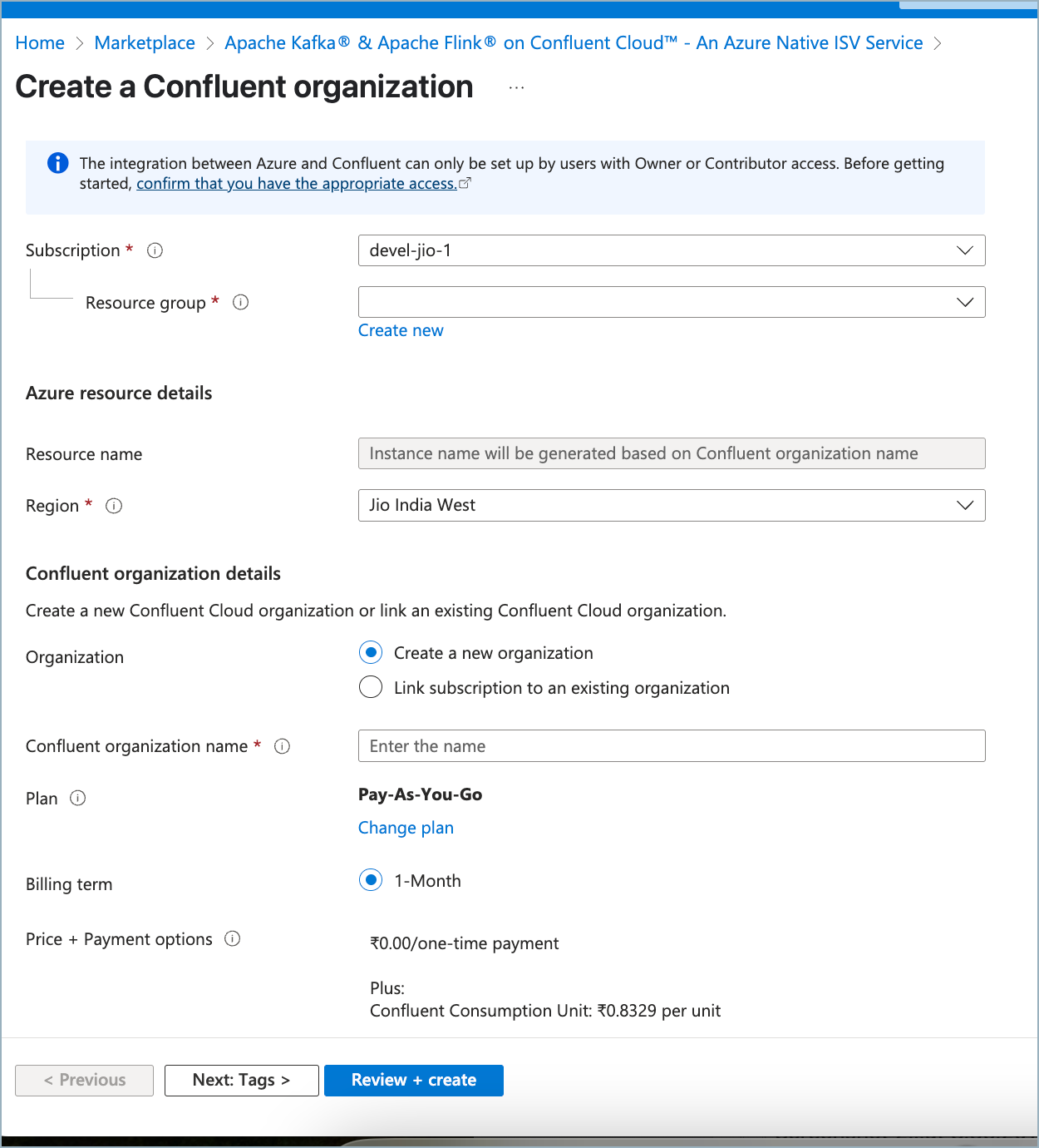 Azure resource group creation form for Confluent Cloud subscription.