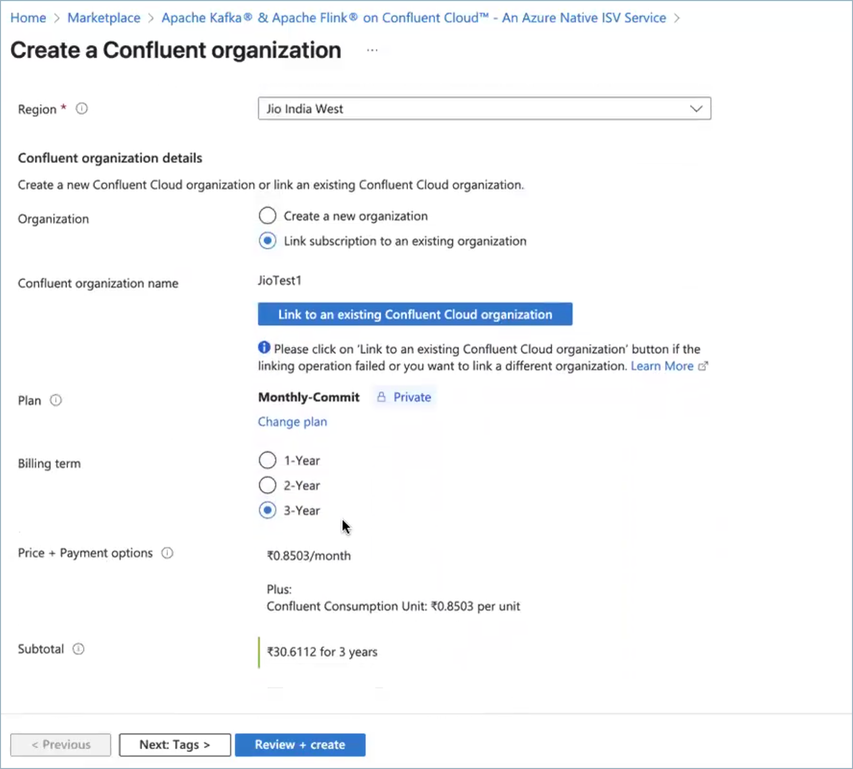 Azure portal review and create page for Confluent Cloud resource.