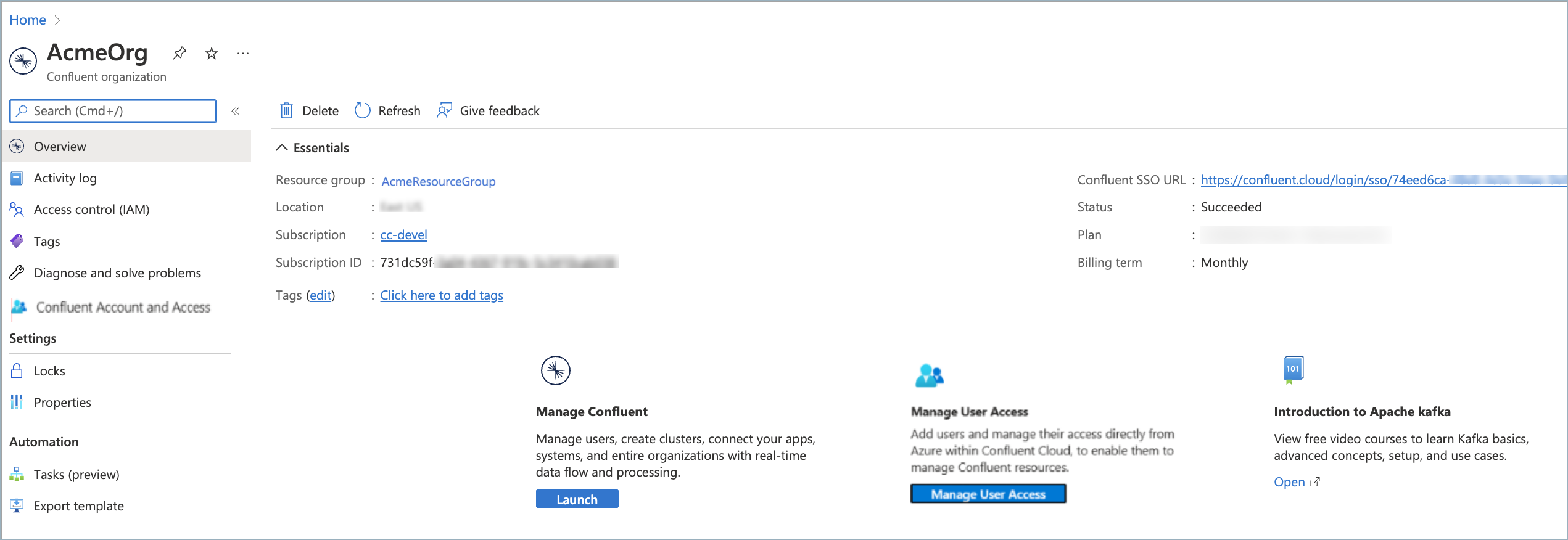 Azure portal confirmation showing Confluent Cloud resource deployment complete.