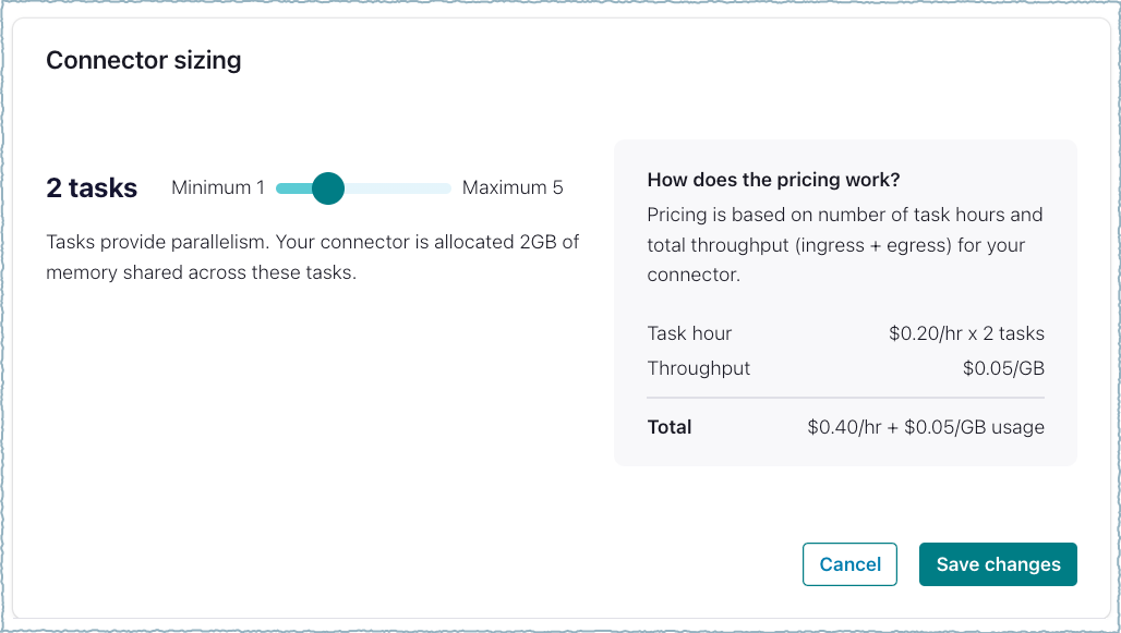 Custom connector billing details screen showing task base price and throughput cost per GB