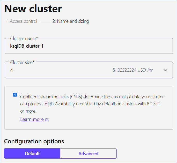 Screenshot of Confluent Cloud showing the ksqlDB Add Cluster wizard