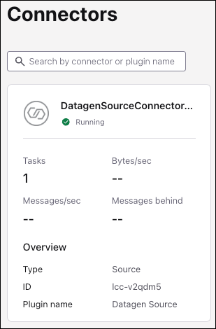 Screenshot of Confluent Cloud showing a running Datagen Source Connector