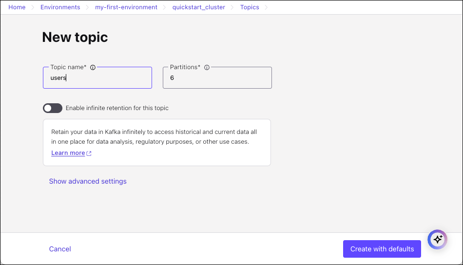Topic page in Confluent Cloud showing a newly created topic